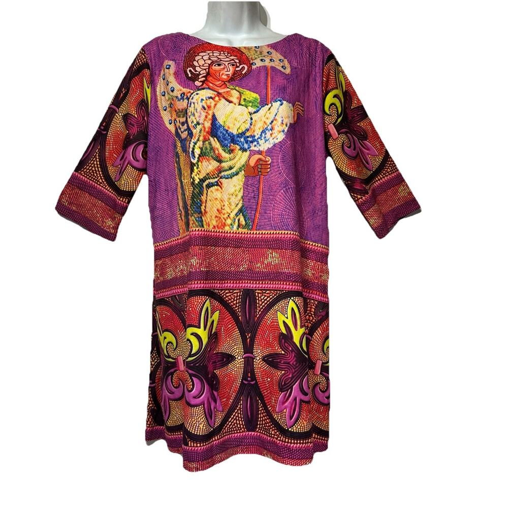 golden sea religious print 3/4 sleeve tunic dress EU Size 40